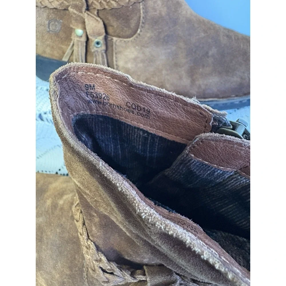 Size 9 BORN OUVEA Zip Boot Rust Brown Distress Suede Braided Tassle-pre Owned